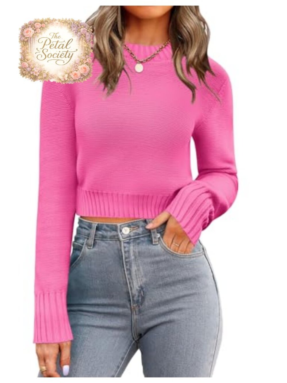 Women Cropped Crewneck Sweater Long Sleeve Ribbed Knit Pullover Top